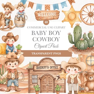 Op de afbeelding: Watercolor clipart set met een baby cowboy thema. Bevat illustraties van een sheriff's office, cactussen, een teddybeer, een schommelpaard en een houten welkomstbord. De set bevat ook een sheriff's badge en een wagonwiel.