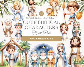 Puede incluir: Un conjunto de 48 ilustraciones de acuarela de personajes bíblicos lindos. Los personajes se representan en una variedad de poses y expresiones, y todos están vestidos con ropa tradicional. Las ilustraciones son perfectas para usar en materiales de educación religiosa, libros para niños u otros proyectos creativos.