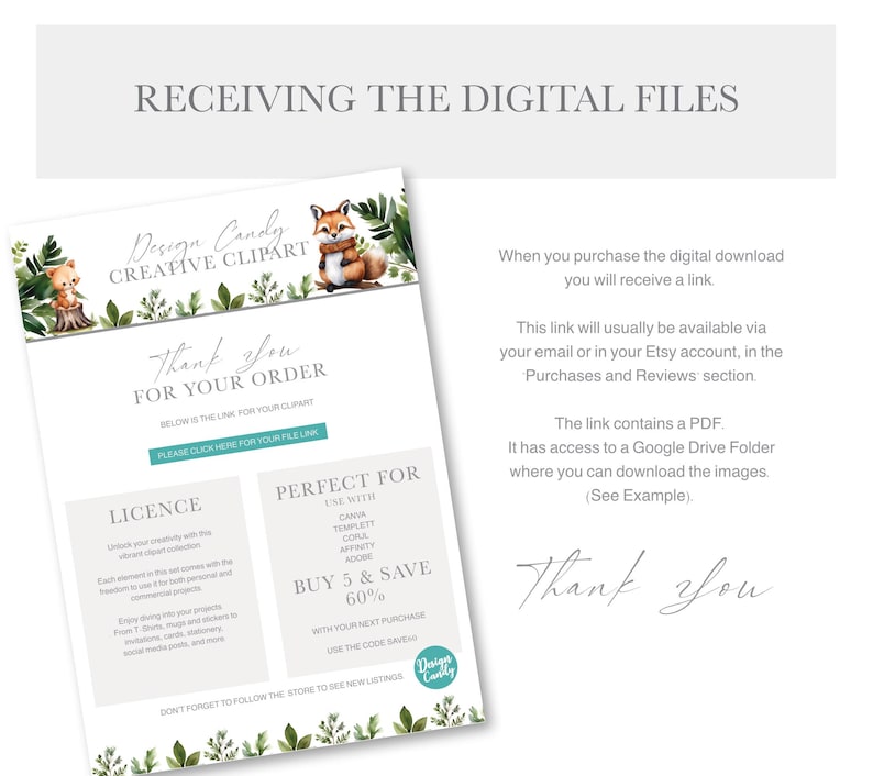 Puede incluir: Un folleto blanco con el texto "RECEIVING THE DIGITAL FILES" en la parte superior. El folleto incluye el texto "Design Candy CREATIVE CLIPART" y "Thank You FOR YOUR ORDER". Tambi&eacute;n incluye una ilustraci&oacute;n de un zorro y un oso.