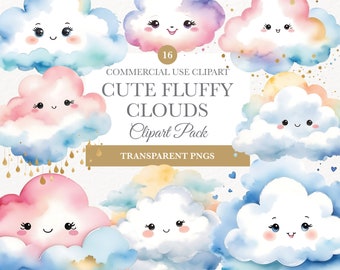 Imágenes prediseñadas de nubes de acuarela, nubes para baby shower, decoración infantil, imágenes prediseñadas, lindas nubes esponjosas, arte infantil, imágenes prediseñadas de arcoíris boho, nubes