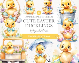 May include: A set of 20 digital clipart images featuring cute cartoon ducklings in various Easter-themed poses. The ducklings are depicted in watercolor style with bright colors and playful expressions. They are holding Easter eggs, wearing bows, and sitting in a basket. The clipart is perfect for creating Easter-themed crafts, cards, and invitations.
