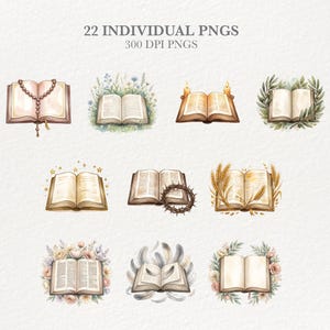 May include: Watercolour illustrations of open books with religious themes. Some books have rosaries, candles, or floral arrangements. The text at the top reads "22 INDIVIDUAL PNGS" and "300 DPI PNGS". The books are in various colours, including beige, brown, and gold.