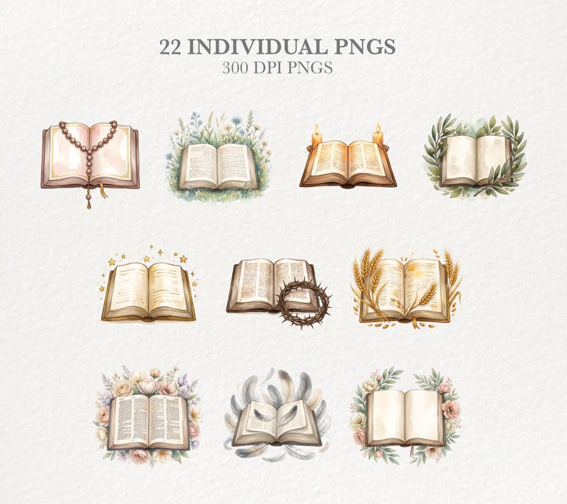 May include: Watercolour illustrations of open books with religious themes. Some books have rosaries, candles, or floral arrangements. The text at the top reads "22 INDIVIDUAL PNGS" and "300 DPI PNGS". The books are in various colours, including beige, brown, and gold.