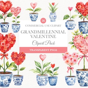 Grandmillennial Valentine Clipart, Vintage Floral Chinoiserie, Digital Download, Cute Heart Designs, Chinoiserie Valentine Clipart