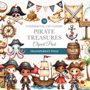 May include: A digital clipart pack titled "PIRATE TREASURES" featuring pirate-themed illustrations. Includes a pirate ship, treasure chest, compass, pirate characters, and the text "70 COMMERCIAL USE CLIPART". The words "TRANSPARENT PNGS" are also visible.