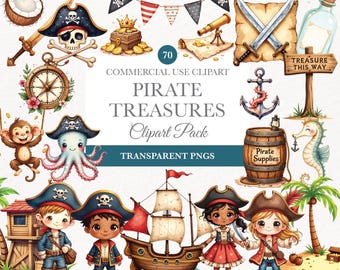 Treasure Island Clipart, Cute Pirate Art, Printable Graphics, Digital Downloads for Kids' Crafts and Scrapbook