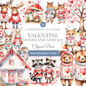 Woodland Animals Valentines Clipart, First Birthday Décor, Animal Valentines, Baby Shower Invite Clipart, Digital Clipart, Romantic Animal
