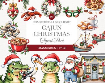 Cajun Christmas Clipart, Watercolor Santa and Alligator Art, Southern Louisiana Digital Download, Festive Holiday Graphics for Crafts