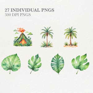 May include: A set of watercolor illustrations featuring a volcano, palm trees, and tropical leaves. The illustrations are in shades of green, brown, orange, and red.