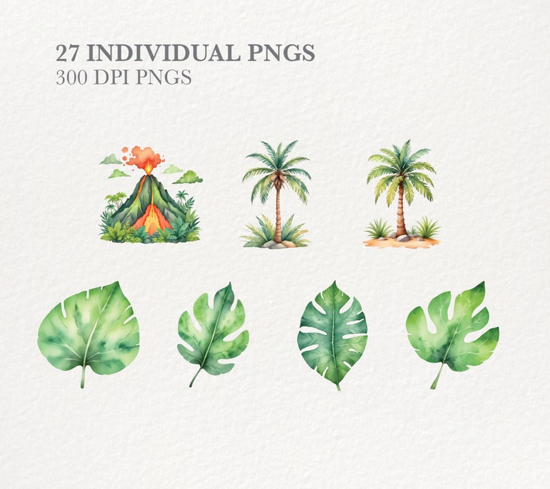 May include: A set of watercolor illustrations featuring a volcano, palm trees, and tropical leaves. The illustrations are in shades of green, brown, orange, and red.