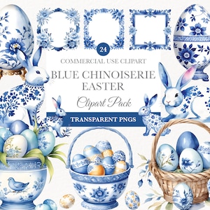 Chinoiserie met konijntjes, chinoiserie-clipart, afdrukbare kunst, instant download, blauw chinoiserie digitaal papier, chinoiserie-frame aquarel