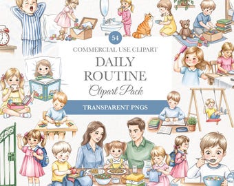 Kids Daily Routine Watercolor Clipart, Visual Schedule Art for Toddlers, Preschool, Chore Chart Graphics