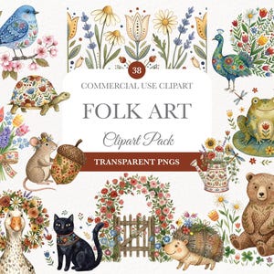 May include: A collection of watercolor folk art clip art featuring various animals, flowers, and decorative elements. Includes a blue bird, peacock, turtle, mouse, bear, cat, and hedgehog. The text reads "FOLK ART Clipart Pack".
