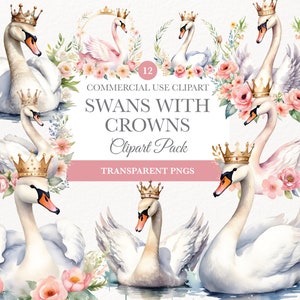 Aquarell Schwan Illustration, Hochzeitseinladung Grafiken, Junk Journal, Vogel Und Blumen Clip Art, Schwäne mit Kronen png, Kommerzielle Nutzung
