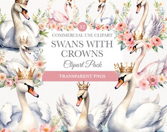 Watercolor Swan Illustration, Wedding Invitation Graphics, Junk Journal, Bird And Florals Clip Art, Swans with Crowns png, Commercial Use