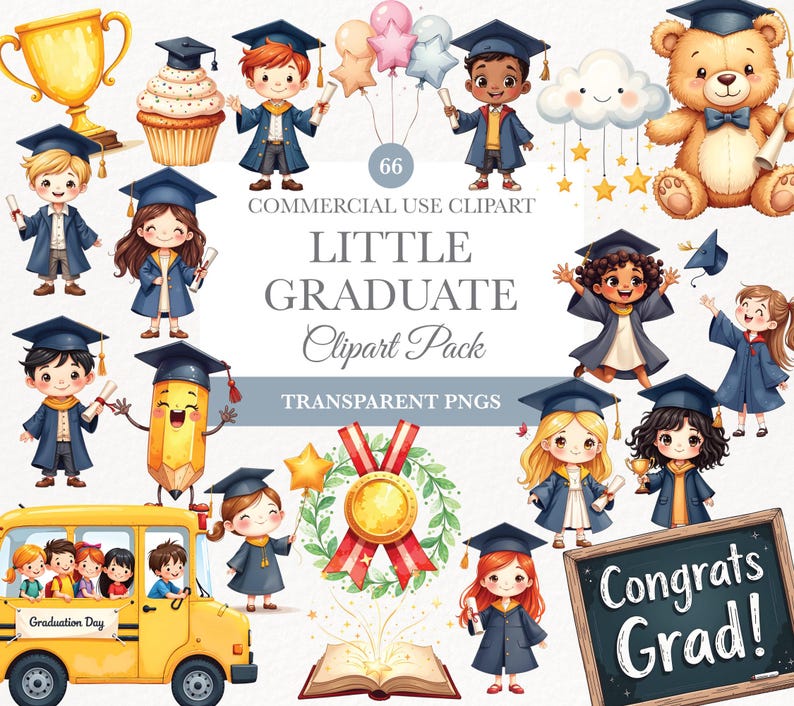 Puede incluir: Paquete de im&aacute;genes predise&ntilde;adas de acuarela con ilustraciones tem&aacute;ticas de graduaci&oacute;n. Incluye graduados de dibujos animados con birretes y togas, un autob&uacute;s escolar, un oso de peluche, un trofeo, una magdalena, globos y una pizarra con el texto "Congrats Grad!".