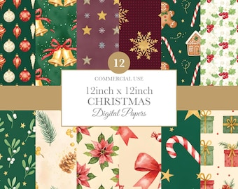 Merry Christmas Digital Papers, Holiday Scrapbook Backgrounds, Winter Patterns, Xmas Printable Designs