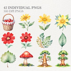May include: A set of 42 individual PNG images, each featuring a watercolor illustration of a different element. The illustrations include red and yellow flowers, green leaves, a basket of red apples, a mushroom, and two trees. The images are 300 DPI.