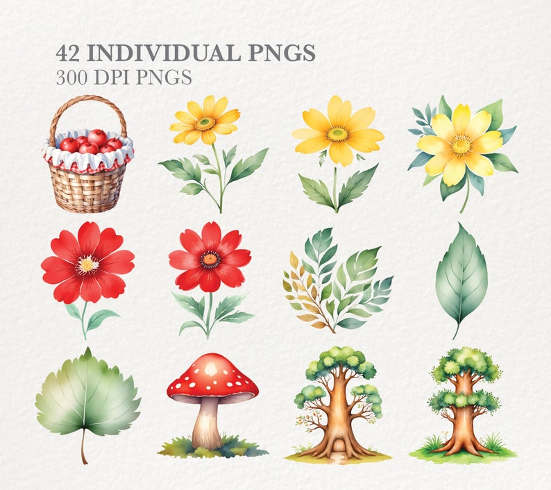May include: A set of 42 individual PNG images, each featuring a watercolor illustration of a different element. The illustrations include red and yellow flowers, green leaves, a basket of red apples, a mushroom, and two trees. The images are 300 DPI.