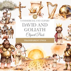 David and Goliath Clipart, Bible Stories Art, Christian Clipart for Kids, Sunday School, Digital Download PNG