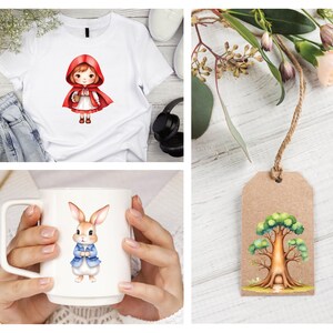 May include: A white t-shirt with a red hooded girl holding a basket. A white mug with a blue bunny wearing a blue jacket. A brown paper tag with a green tree with a brown trunk.