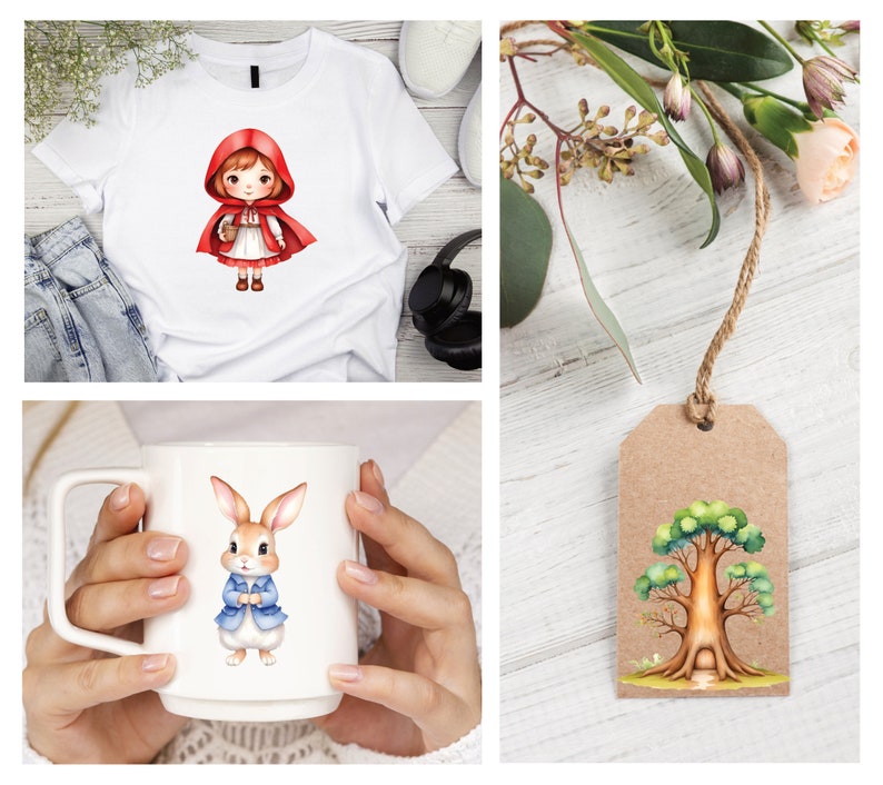 May include: A white t-shirt with a red hooded girl holding a basket. A white mug with a blue bunny wearing a blue jacket. A brown paper tag with a green tree with a brown trunk.