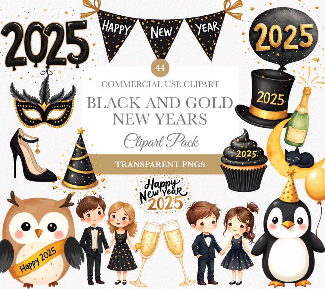 Black and Gold New Year Clipart 2025, Festive Celebration PNG
