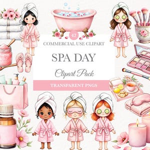 Spa Party Clipart, Watercolor Girls Clipart, Pamper Party PNG, Self-Care Illustrations, Kids Spa Graphics