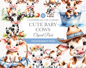 Cute Baby Cow Watercolor Clipart, Digital Download, Nursery Wall Art, Baby Shower Decor, Farm Clipart, Png File, Cute Cow Png Clipart