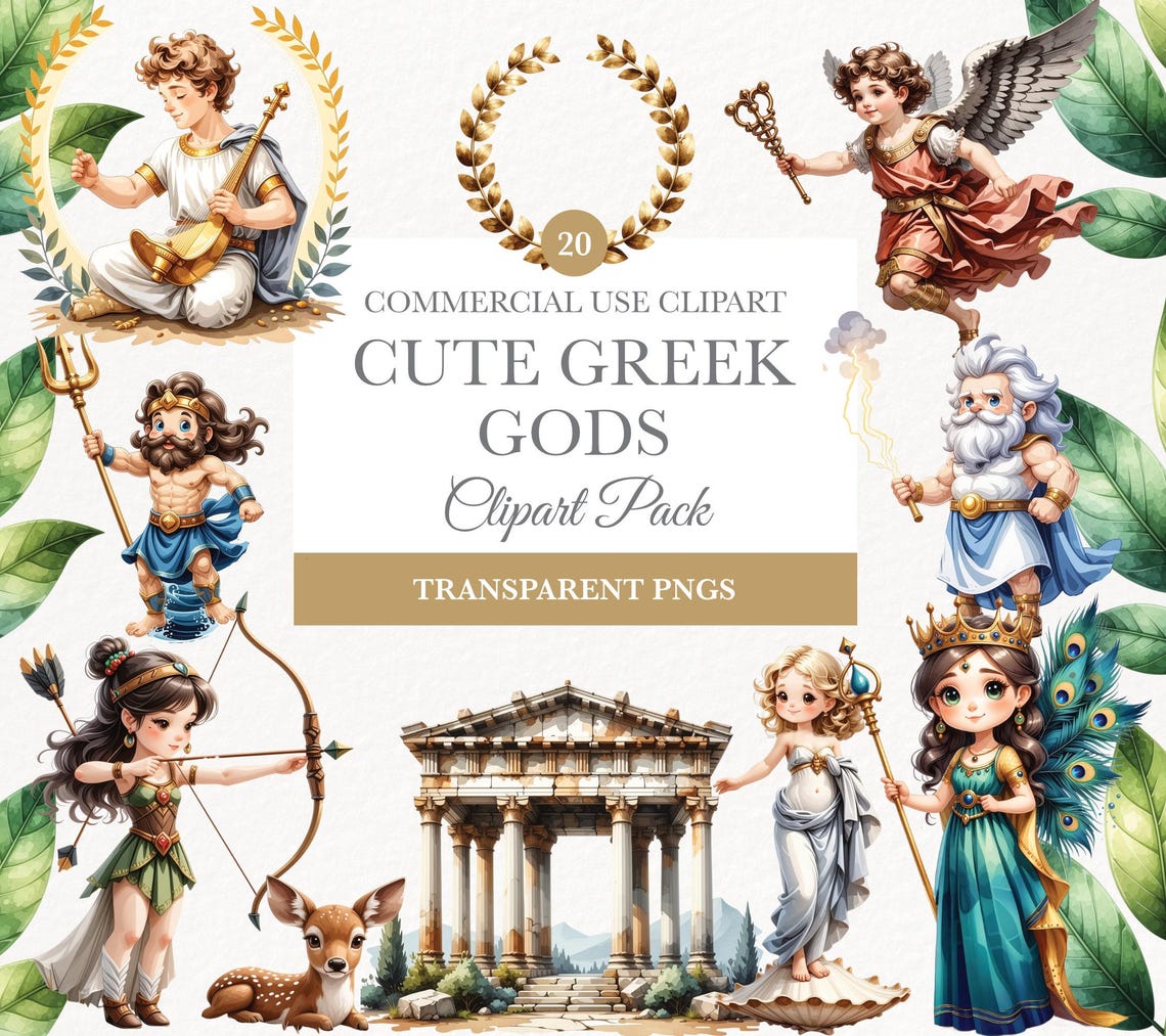 Greek Gods and Goddesses Clipart, 20 Watercolor PNG, Mythology Art for ...