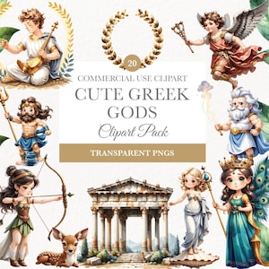 Clipart dieux et déesses grecs, 20 PNG aquarelle, art de la mythologie pour créations manuelles, téléchargement numérique, dieux et déesses pour le scrapbooking