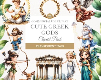 Greek Gods and Goddesses Clipart, 20 Watercolor PNG, Mythology Art for Crafts, Digital Download, Gods and Goddesses for Scrapbooking