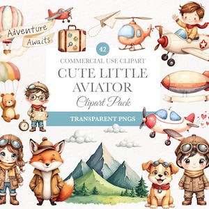 Little Aviator Clipart, digitaler Download PNG, Flugzeug-Designs, Kinderzimmer-Kunst, Babyzimmer-Dekor, Sublimationsgrafiken, niedliche Kinder Clipart
