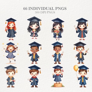 Puede incluir: Ilustraci&oacute;n digital de 12 graduados de dibujos animados con birretes y togas. Cada figura se representa con diferentes tonos de piel, colores de cabello y accesorios, incluyendo diplomas y flores. La imagen incluye el texto "66 INDIVIDUAL PNGS" y "300 DPI PNGS".