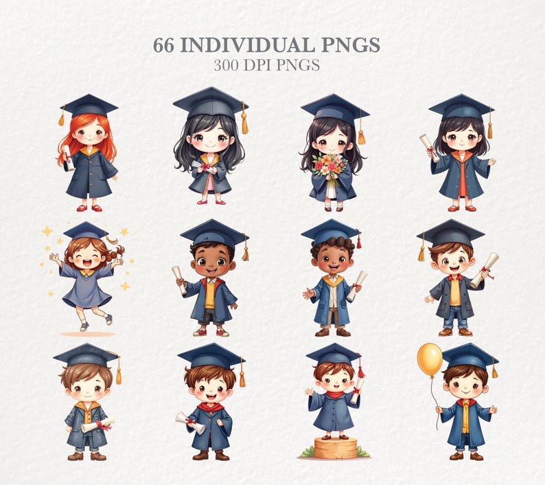 Puede incluir: Ilustraci&oacute;n digital de 12 graduados de dibujos animados con birretes y togas. Cada figura se representa con diferentes tonos de piel, colores de cabello y accesorios, incluyendo diplomas y flores. La imagen incluye el texto "66 INDIVIDUAL PNGS" y "300 DPI PNGS".