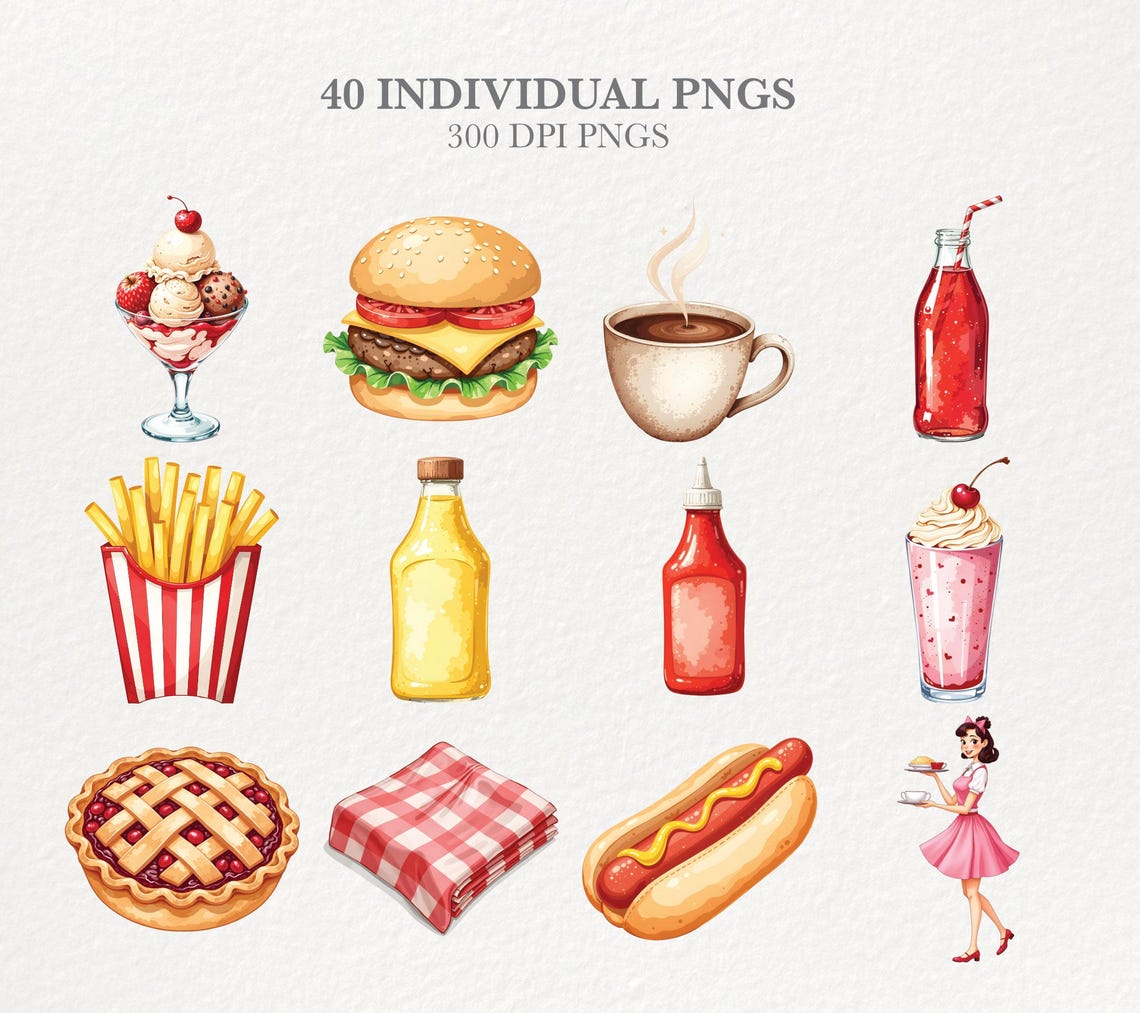50s Diner Clipart, Retro 1950s Graphics, Vintage Milkshake & Jukebox ...