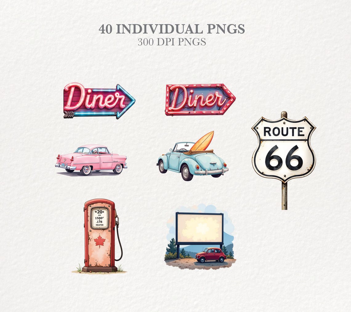 50s Diner Clipart, Retro 1950s Graphics, Vintage Milkshake & Jukebox ...