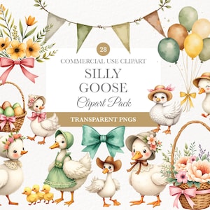 Goose with Balloon Clipart, Cute Watercolor for Birthday Party, Baby Shower, Vintage Digital Download Clipart, Silly Goose PNG