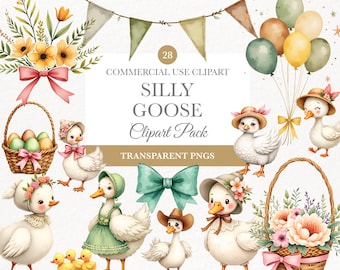 Clipart de ganso con globo, linda acuarela para fiesta de cumpleaños, baby shower, clipart vintage digital, ganso tonto PNG