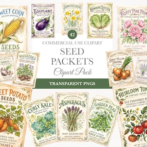 Pode incluir: Uma coleção de embalagens de sementes em estilo vintage com ilustrações de vários vegetais e flores. As embalagens incluem milho, berinjela, narcisos, alface, peônias, alho, batatas, cebolas, lavanda, batata doce, couve, aspargos, ervilhas e tomates.