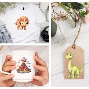 May include: A set of three watercolor illustrations featuring dinosaurs. The first image shows a brown triceratops on a white t-shirt. The second image shows a green dinosaur on a brown tag. The third image shows a volcano with red lava on a white mug.
