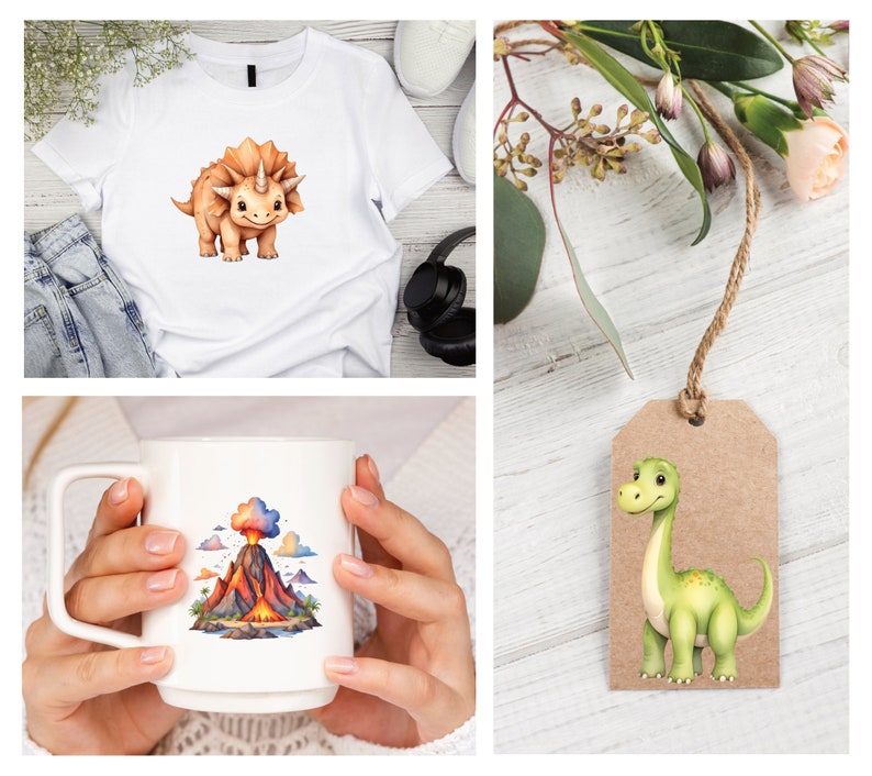 May include: A set of three watercolor illustrations featuring dinosaurs. The first image shows a brown triceratops on a white t-shirt. The second image shows a green dinosaur on a brown tag. The third image shows a volcano with red lava on a white mug.