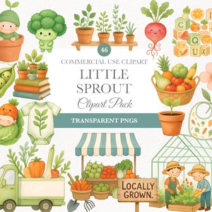 Baby Farmers Market Clipart, Watercolor Baby Shower Art, Digital Download, Cute Farm Animals, Veggie PNGs