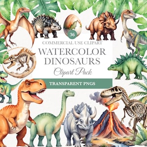Clipart di dinosauri acquerello, uso commerciale, festa di compleanno per bambini, decorazioni per feste di compleanno di dinosauri, bundle di clipart di dinosauri, PNG T-Rex, dinosauro carino