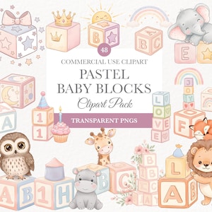 Imágenes prediseñadas de bloques para bebés, arte digital del alfabeto, decoración de guardería, gráficos para baby shower, PNG de descarga instantánea, arte digital divertido para la guardería