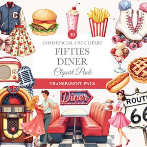 Clipart de restaurante de los años 50, gráficos retro de los años 50, arte vintage de batidos y gramola, descarga digital para scrapbooking, gráficos retro vintage