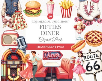 50s Diner Clipart, Retro 1950s Graphics, Vintage Milkshake & Jukebox Art, Digital Download for Scrapbooking, Vintage Retro Graphics
