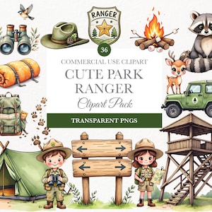 Può includere: Pacchetto di clipart ad acquerello con illustrazioni di ranger e elementi per esterni. Include una tenda, uno zaino, un binocolo, un falò, un procione, un cervo, una jeep e personaggi di ranger. Il testo recita "Cute Park Ranger Clipart Pack" e "Transparent PNGs".