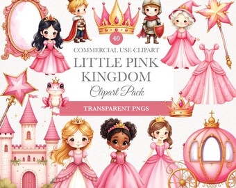 May include: A set of 40 pink princess themed clipart images. The clipart includes princesses, crowns, a castle, a carriage, a frog, a wand, and a fairy. The clipart is perfect for creating invitations, party decorations, and other craft projects.