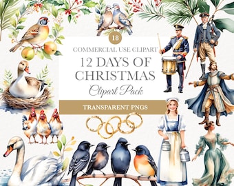 Twelve Days of Christmas Clipart, Vintage Holiday Graphics, Digital Download PNG, Whimsical Christmas Art